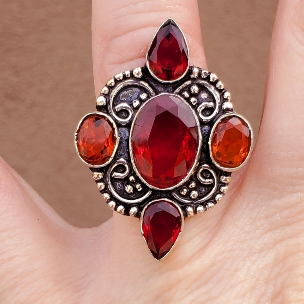 New Garnet and Orange Sapphire 925 Silver Ring.